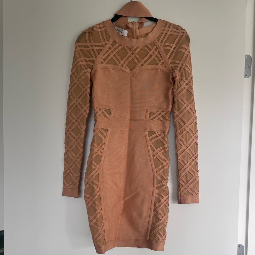House of CB Tan Geometric Long Sleeve Dress